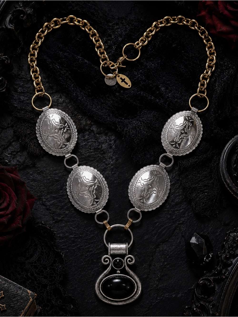 RUBYRUDI Artisan Boho Gothic Statement Necklace Two-Tone Concho w/ Black Pendant